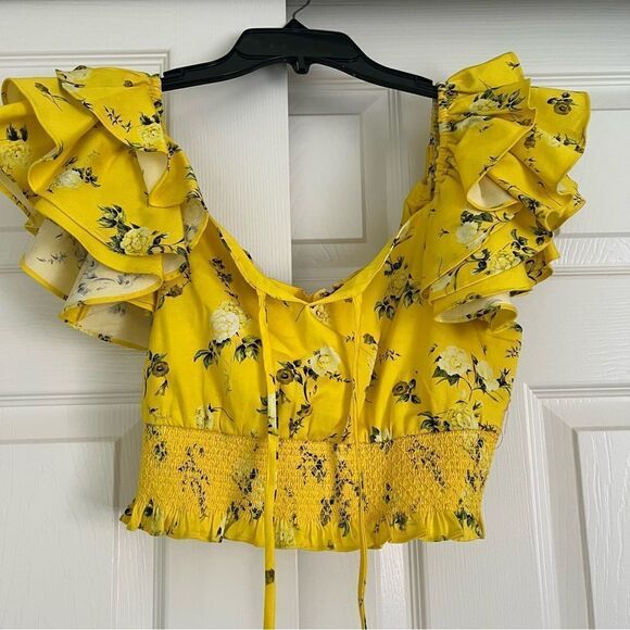 Alice + Olivia Ruffle Sleeve Tie Front Cropped Top Sunbeam Small MSRP $458 - Picture 4 of 10